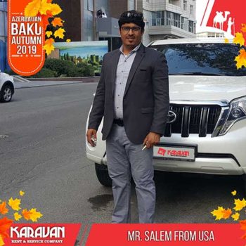 Г-н Салем из США, заказал в нашей компании "Karavan Rent A Car in Baku" автомобиль на прокат марки Toyota Land Cruiser Prado 2015 года, выбранный автомобиль доставили прямо в гостиницу где он остановился со своей семьей.