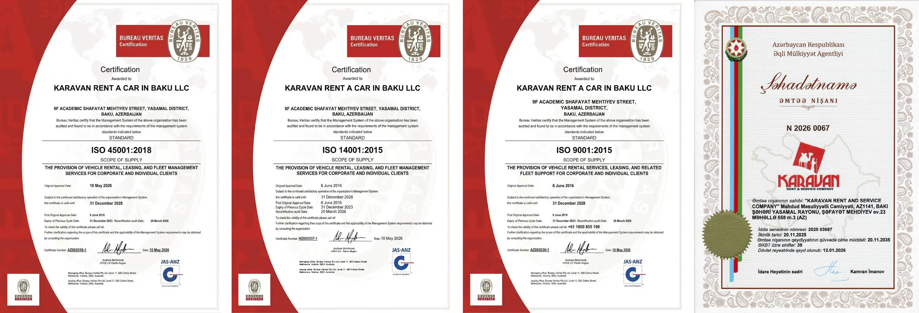 Company certificates Karavan Rent a Car in Baku