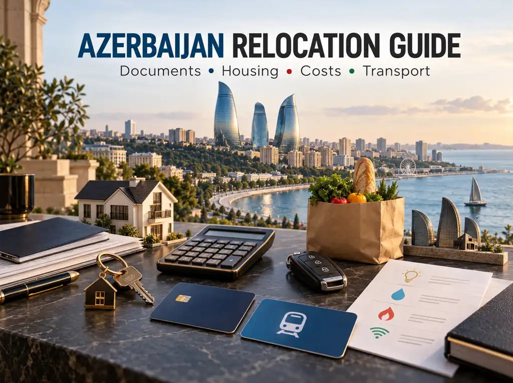 A complete guide to relocating to Azerbaijan: residence permits and registration, real central Baku rents, utilities, food, fuel, kindergartens, taxis and car rental. Real 2026 figures in manat and dollars.