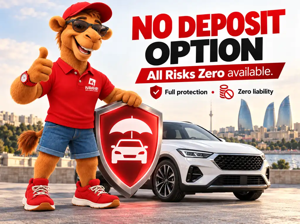 All car rental terms in Baku: from age 21, from 1 day, no deposit, full insurance, no credit card needed, 24/7 and airport pick-up. Karavan's guide.